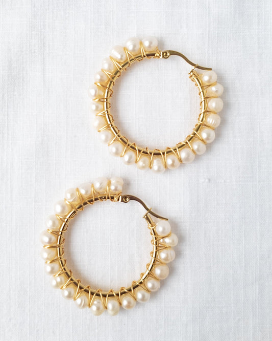 Medium white pearl hoops