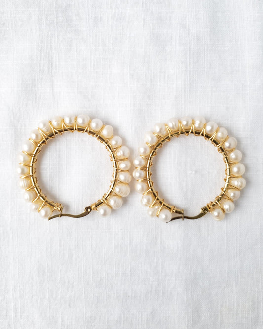 Medium white pearl hoops