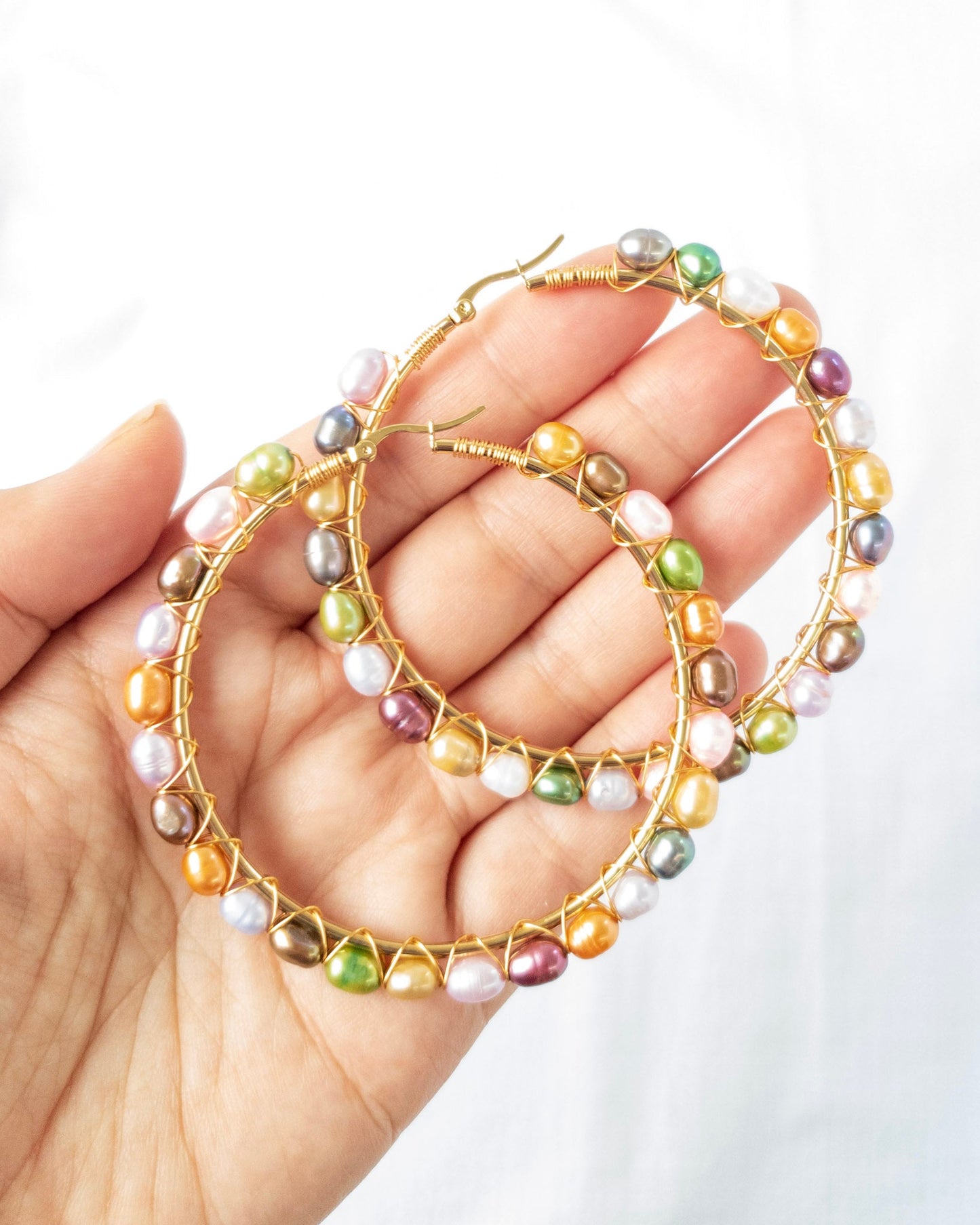 XL Rainbow pearl hoops