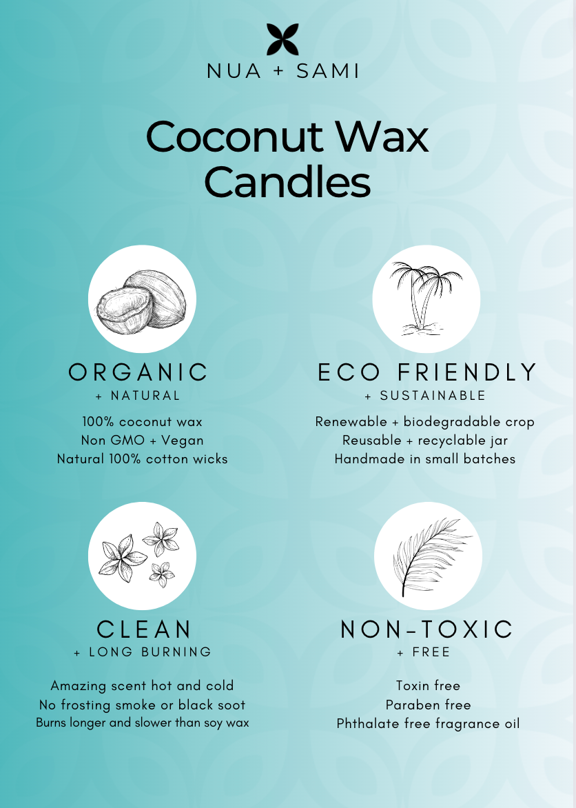 Natural Coconut Wax Candles. Locally Made Candles. Sustainable and Renewable. Eco-Friendly Gifting. Wide Scent Variety. Long-Lasting Fragrance. Island Inspired Fragrances.